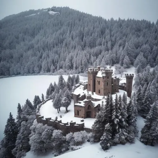 Prompt: small castle in the snow on a  mountain