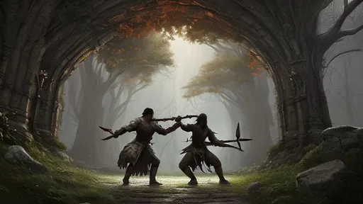 Prompt: A fantasy scene with two warriors training each inside a secluded forrest, architecture, gothic, walls, stones, ancient, fantasy art, digital painting, hyperdetailed,