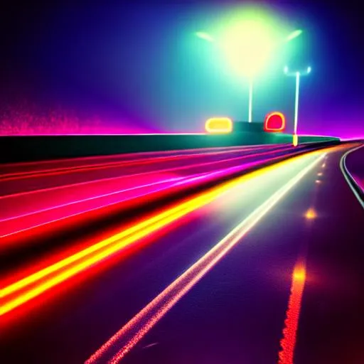 Prompt: long shot, fast car on a highway, night time, flame trail, highly detailed, neon lighting, 3d render, dangerous, studio lighting, 18 mm, 4k