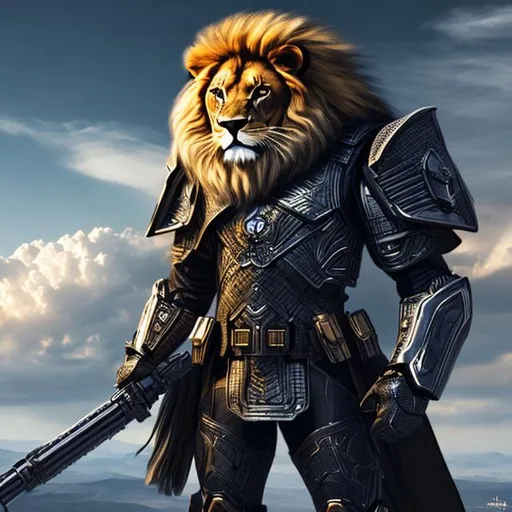 Prompt: sci-fi armored, Mask, a fusion between a man and a lion, {{holding sword}}