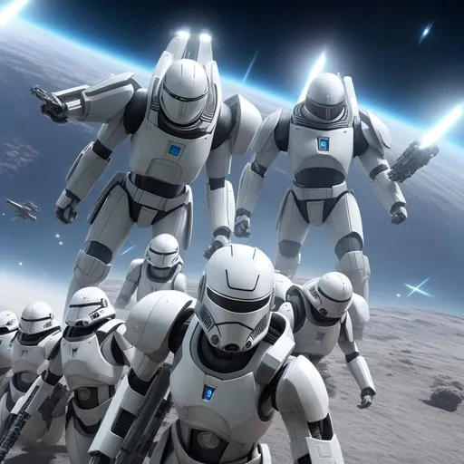 Prompt: a super realistic depiction of a large human clone army wearing white armor scattered across the terrain fighting a larger droid army in space