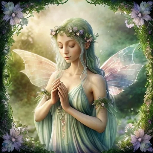 Prompt: (watercolor style), (Faerie Goddess of Peace and Tranquility), ethereal garden filled with ghost flowers, warm color scheme, soft and dreamy light, delicate floral details, serene atmosphere, gentle wisps of mist, harmonious floral arrangements, tranquil emotions radiating, enchanting background with lush greenery, enchanting accents, high quality, ultra-detailed, magical aura surrounding the scene.