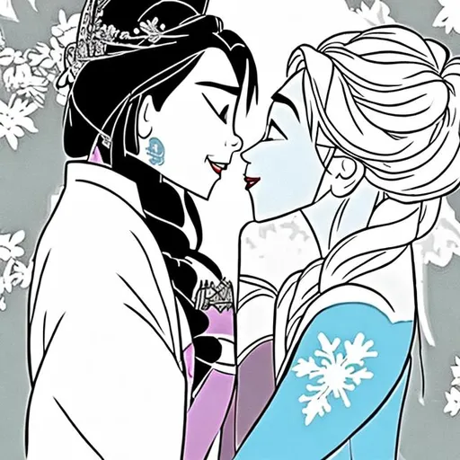 Prompt: mulan and elsa kissing 
