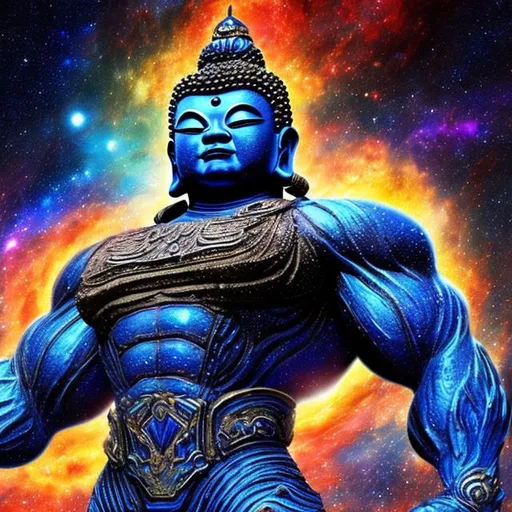 Prompt: lazurite armored bodybuilding buddha, widescreen, infinity vanishing point, spiral galaxy nebula background
