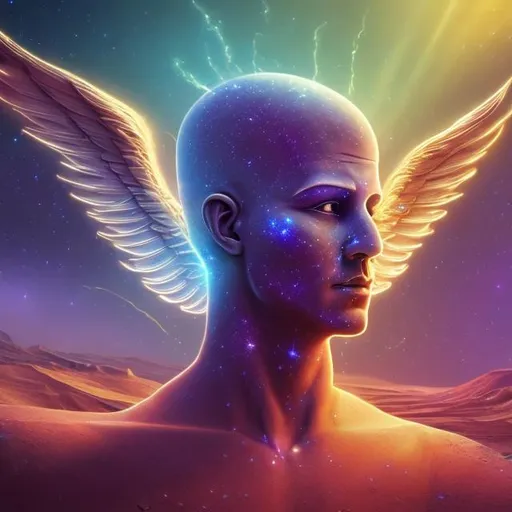 Prompt: Winged Genie of Nimrud, widescreen, infinity vanishing point, galaxy background, surprise easter egg