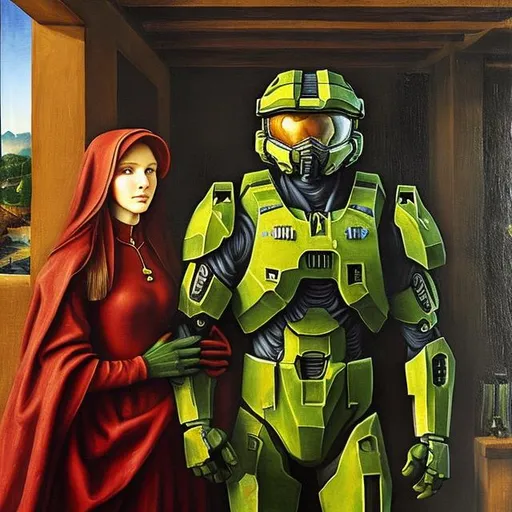 Prompt: Master Chief and Cortana
painted in the style of Jan van Eyck