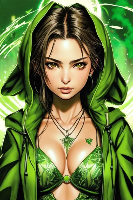 Prompt: (((Yoji Shinkawa))), sticker of an ultra-detailed portrait of Emily Ratajkowski (green skin) wearing (green hooded fortuneteller robe), high-quality cell-shaded illustration in post-apocalyptic style by Yoji Shinkawa, green skin, large crystal ball, dynamic pose, perfect anatomy, freedom, soul, approach to perfection, cell shading, 4k, cinematic, dramatic atmosphere, watercolor painting, global illumination, detailed and intricate environment, wartorn background, concept art, fluid and sharp focus, volumetric lighting, cinematic lighting, Art by Yoji Shinkawa,