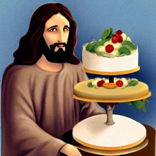 Prompt: Jesus eating cake