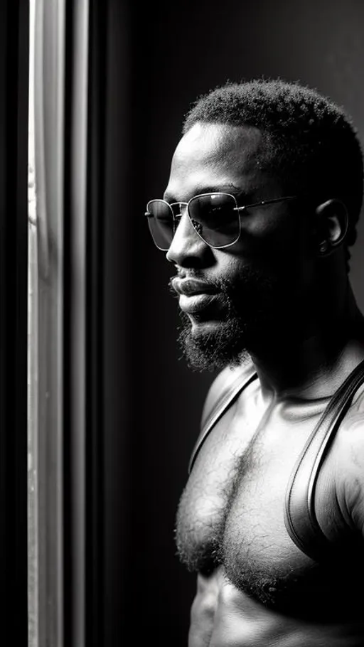 Prompt: Sensual, hairy chested, tattooed, shirtless african man, wearing sunglasses and a strapped leather harness, in an abandoned place near a window, cinematic, very close-up portrait, grayscale, hyperrealistic, hyperdetailed, ambient light, perfect composition, provocative, textured skin, high contrast, profile portrait, ultra HD.