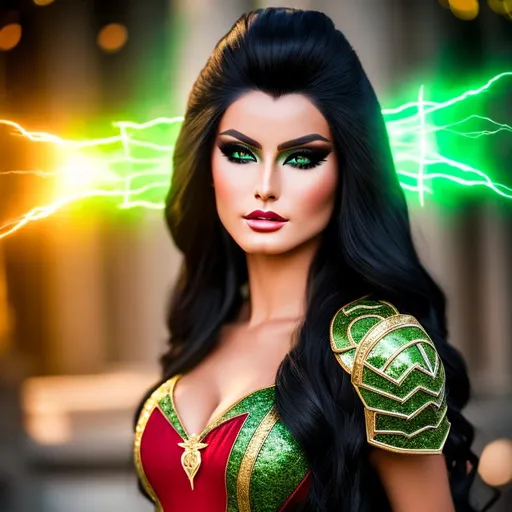 Prompt: High-resolution hyperrealistic photo of candra-the-benefactress merged with sersi-the-eternal, blond streaked black hair, red and green costume, knowing look, magical forces, marvel comics, photorealistic, highly detailed, uhd, hdr, 64k