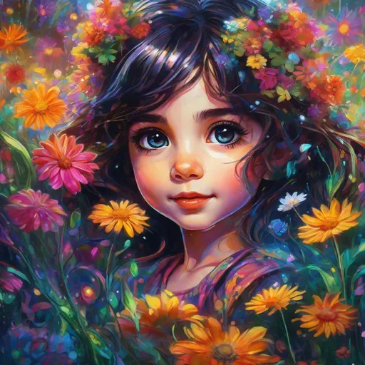 Prompt: Particle spectra hologlitch, A close up portrait of a A cheerful little girl picking flowers in a field on a warm sunny day, big eyes, dark hair , by Callie Fink and SIYA OUM, vibrant  colors , liquid ink, aesthetic, centered, 16k resolution , HQ , hyper detailed, intricate artwork, centered,  perspective ,16k, insanely detailed and intricate, hyper realistic, trending on cgsociet