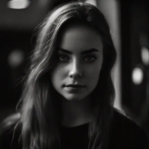 Prompt: A portrait of a young woman in black and white, taken with a Leica M10 and a 50mm f/1.4 lens. The mood of the image is mysterious and intriguing.