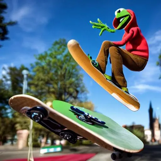 Prompt: kermit the frog on a skateboard