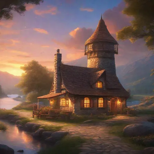 Prompt: RPG, high res, illustration, sunset, stars. an 18th-century colonial tavern {cottagecore}, medieval stone tower, pointed wooden roof, ((otherworldly)), Beautiful space, along a scenic river bank. in the style of Thomas Kinkade. (sharp detailed) (cinematic shot) 