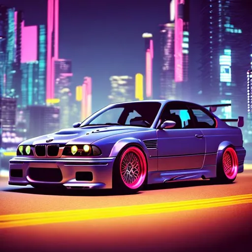 Prompt: 2001 BMW M3 E46 GTR, synthwave, aesthetic cyberpunk, miami, highway, dusk, neon lights, coastal highway, sunset, drift, very detail