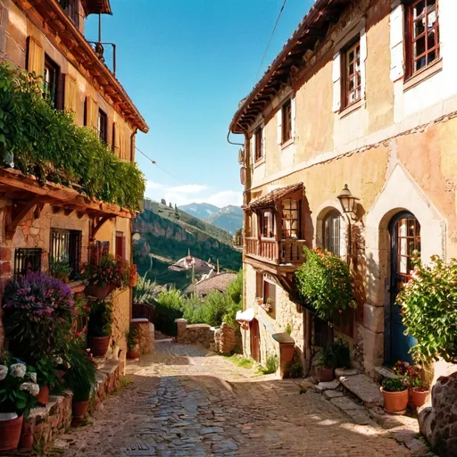 Prompt: Beautiful Vista in a Spanish Mountain Village, (picturesque scenery), vibrant colors, charming architecture with terracotta roofs, lush green hillsides, clear blue sky, warm sunlight casting soft shadows, (serene atmosphere), traditional village texture, cobblestone streets winding through homes, distant majestic mountains, (ultra-detailed), (4K) imagery, inviting and idyllic setting, (landscape inspired by impressionism).