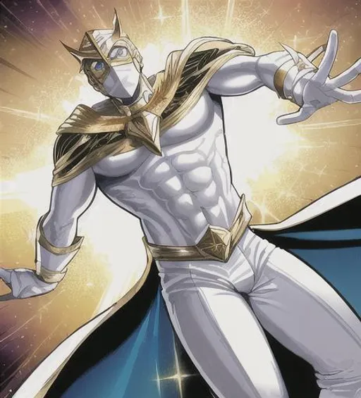 Prompt: a male superhero dressed in white superhero costume with a golden face mask and gold accents in the style of a silver age superhero comic