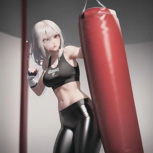 Prompt: punching bag punching, high quality, bloody, punching bag,Best quality, tall girl, (punching bag:1.2), master piece, leggings , muscle, bloody punching bag, latex ,ultra detailed, realistic, 4k, fight punching, open finger gloves ,anime style,punching fighting, beauty girl, pretty ,detailed face, broken punching bag, punching bag pierce