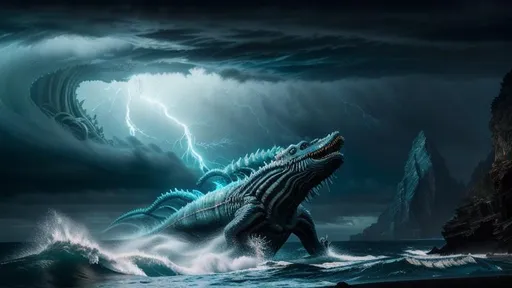 Prompt: Insanely Detailed Giant Sea Creature Monster, Rising from the Ocean, bokeh, Greg Rutkowski, WLOP, dynamic lighting, Eldritch, Neuron Storm, Deep Colors, Thunderstorm, Tornadic, H.R. Giger, Matt Frank, cool colors, precisionism, Intricate Details, Photorealism, ethereal, iridescent, heat wave