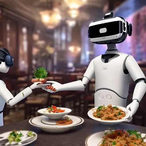 Prompt:  AI bots with vr sets and advance clothes as a waiter serving food to normal people in restaurant
