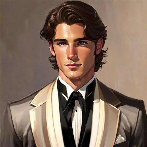Prompt: Caleb (brown hair) (brown eyes) wearing a black tuxedo, full body