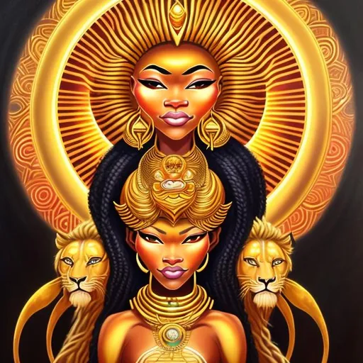 Prompt: An oil painting style drawing of a sun goddess who looks like Nyakim Gatwech. She has a beautiful golden lion by her side. She sits in a golden throne.