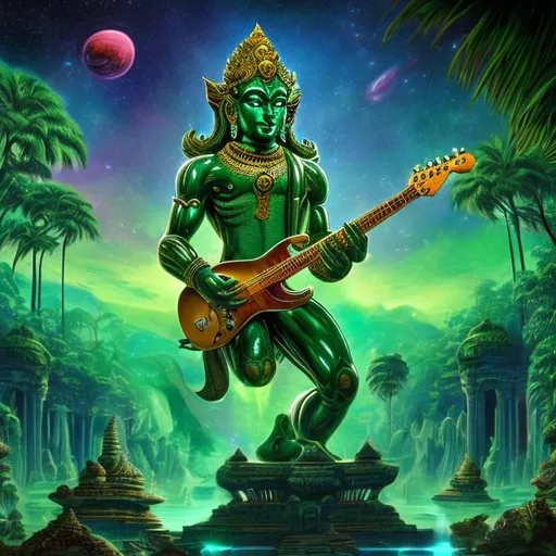 Prompt: wide view of an emerald bodybuilding vishnu playing guitar at an exotic temple, tropical jungle background, galaxy sky, infinity vanishing point