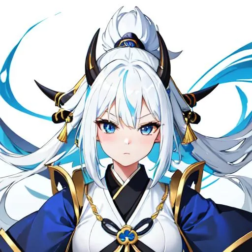 Prompt: White and blue hair samurai beautiful woman with kyubi mask and blue horns wearing gold and black armor