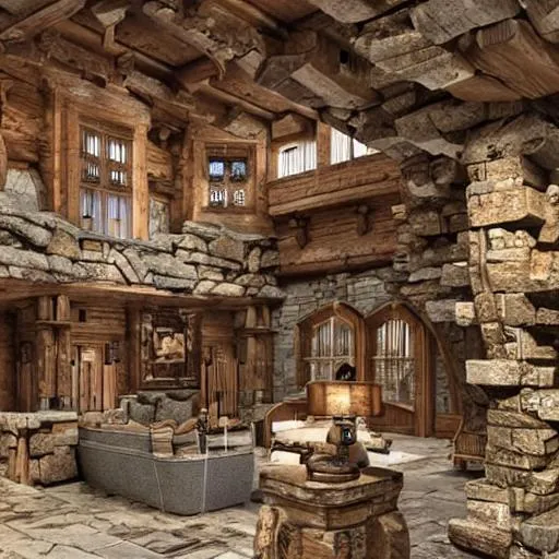 Prompt: The large mountain chalet will have a grand and imposing appearance, constructed with a combination of stone, timber, and enchanted materials.
The architecture will blend alpine style with fantasy elements, featuring intricate carvings and embellishments inspired by the mythical creatures.
The chalet will have multiple levels, with a spacious and inviting entrance adorned with unique symbols representing each creature.