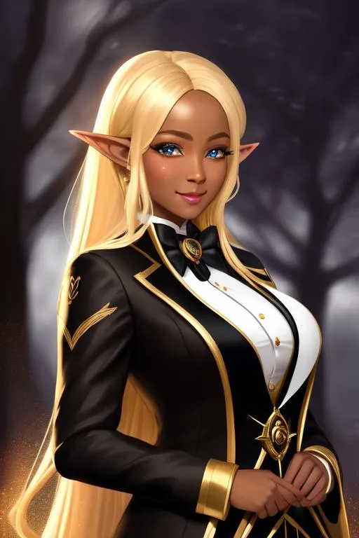 Prompt: show hyperdetailed mage elven Black woman, tuxedo, suit, gloves, blonde, Oil painting, Chiaroscuro, landscape, UHD, 8K, highly detailed, panned out view of the character, visible full body,beautiful blush on her cheek smiling face tears coming from her eyes, close arm, an japan girl with student uniform, glowing vein, busty, cleavage, light particles scaltering around, pale skins, random colorfull uniqe background, juicy, Splash art, epic Instagram, artstation, hyperdetailed intricatelydetailed, unreal engine, fantastical, intricate detail, splash screen, complementary colors, 8k, heavy strokes, splash arts, full height, full body, photograph nikon 50mm f3.5