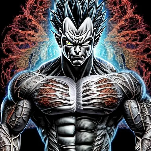 Prompt: 64K masterpiece intricate hyperdetailed breathtaking 3D glowing black oil painting medium portrait of vegeta, black trousers, intricate hyperdetailed muscular body, intricate hyperdetailed muscles, glowing white light reflection on the muscles, hyperdetailed intricate hard standing glowing hair, hyperdetailed glowing angry white eyes, detailed face, white glowing muscles, white glowing body, white glowing skin, semi-polaroid monochrome photography, hyperdetailed complex, character concept, hyperdetailed intricate glowing shining glamorous white water drop floating in the air, very angry, intricate glowing light reflection, intricate hyperdetailed glowing iridescent reflection, strong glowing white light on the hair, contrast white head light, hyperdetailed very strong black shading, very strong black muscle shadow, professional award-winning photography, maximalist photo illustration 64k, resolution High Res intricately detailed, impressionist painting, yellow color splash, illustration, key visual, panoramic, cinematic, masterfully crafted, 8k resolution, stunning, ultra detailed, expressive, hypermaximalist, UHD, HDR, UHD render, 3D render, 64K, hyperdetailed intricate watercolor mix oil painting on the body, Toriyama Akira