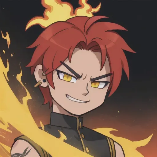 Prompt: God of passion, Fiery hair, yellow skin, portrait, detailed, male, gay, hot, hair made of fire, piercings, smirk 