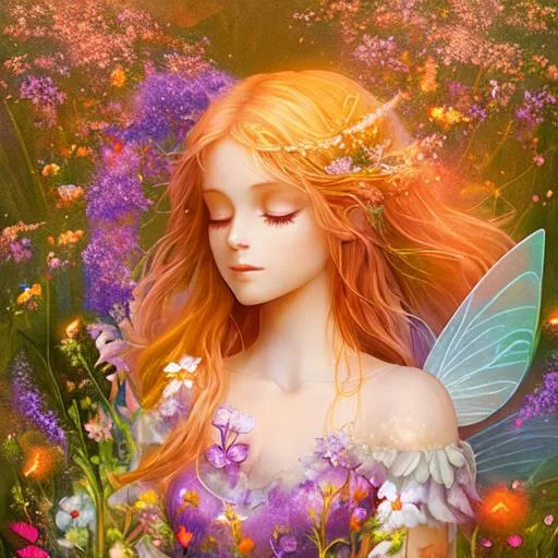 Prompt: fairy goddess of wildflowers ethereal,dreamscape, warm colors, closeup