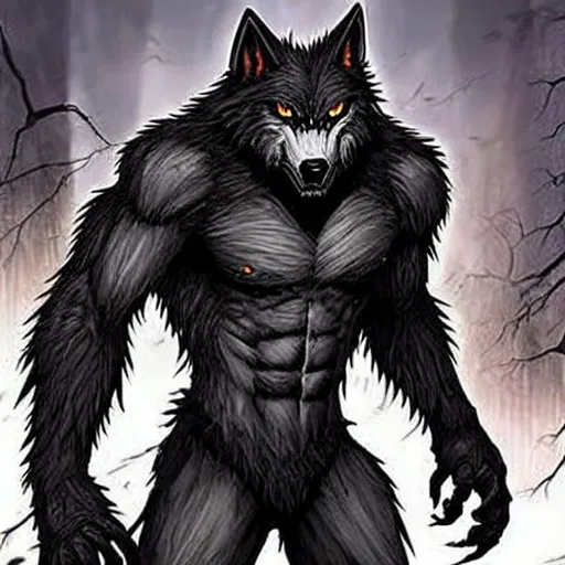 Prompt: A Fully Transform Werewolf,who looks dangerous,jrooling,have his teeth in a human skin,black fer,wolf shape mouth,n a Manhua FullyDetailed