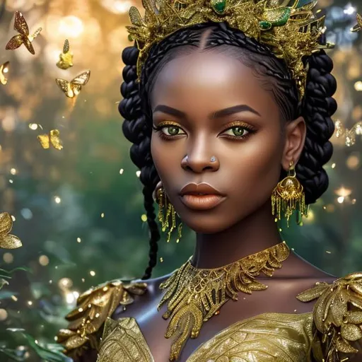 Prompt: golden lips, green colour eyes, golden lips,  professional photograph of Yong beautiful black woman, wearing a golden crown with small shimmering diamonds, dressed in a golden silk dress, butterflies robe, in green forest, hair in butterflies braids, hyper realistic, natural lighting, HDR, UHD, 64K, polarizing filter,highly detailed, wide-angle lens,