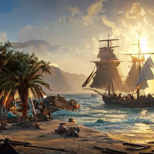 Prompt: A wrecked encampment, on the beach, ancient Greek style, broken ship, scattered items, no people, war ship in the distance, D&D, highly detailed, digital painting, concept art, sharp focus, illustration, art by artgerm and greg rutkowski and alphonse mucha