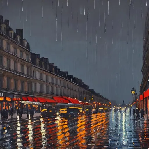 Prompt: Paris, Cafe, Night, arc de triomphe in background, street lights, Rain, reflections in rain, painting