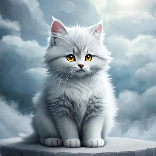 Prompt: Cute, very, very, light gray, fluffy, fantasy light kitten, with cloudy, white eyes, very, light, light, gray fur, and possessing the element of air and making circles of clouds and air move around in the air in a magical way, in a space background. Perfect features, extremely detailed, realistic. Krenz Cushart + loish +gaston bussiere +craig mullins, j. c. leyendecker +Artgerm.