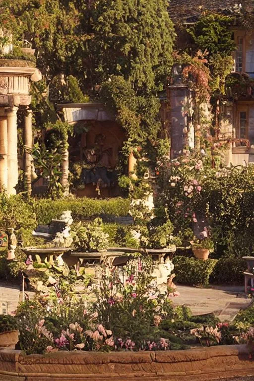 Prompt: Real renaissance garden at golden hour