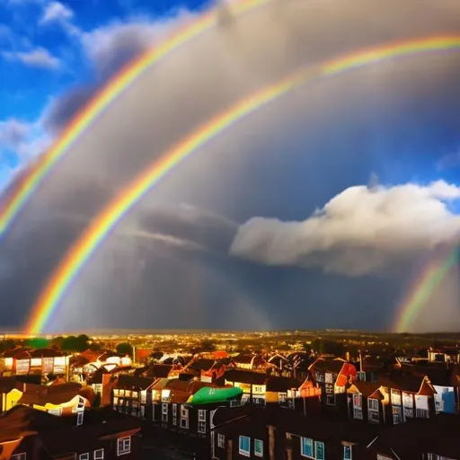 Prompt: Rainbow over a sunny town