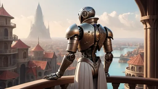 Prompt: a warforged automaton stands with back to camera on a large round balcony with a solid railing looking out over a fantasy city paradise during the age of arcanum 