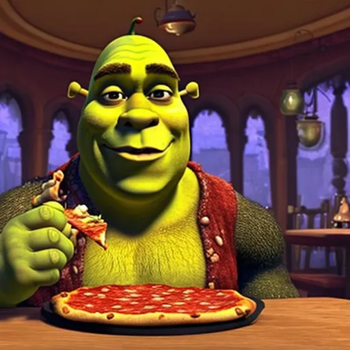 Prompt: Shrek Eating Pizza