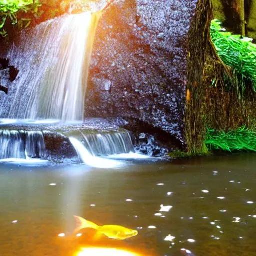 Waterfall with fish in the water and sun up