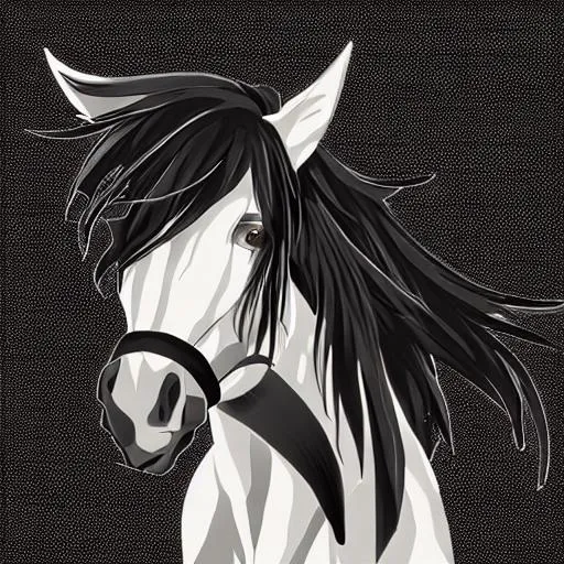 Prompt: anime portrait of a horse, anime eyes, beautiful intricate black hair, shimmer in the air, symmetrical, in re:Zero style, concept art, digital painting, looking into camera, square image