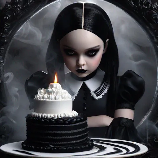 Prompt: imagine Wednesday Adams in labor, cake, sharpness, smoke, mystery, gothic, full-body, , epic, hyperrealism, 3D detailed, incrustation, contrast forms and lines, contrast space and light, dof, photorealism, polymorphism, sheer, dark silk, crisp quality, macro