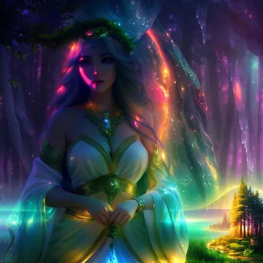 Prompt: 3D HD dramatic cinematic lighting [({one}{(Beautiful benevolent {goddess}female liquid}, expansive magical forest background, hyper realistic, 8K --s98500