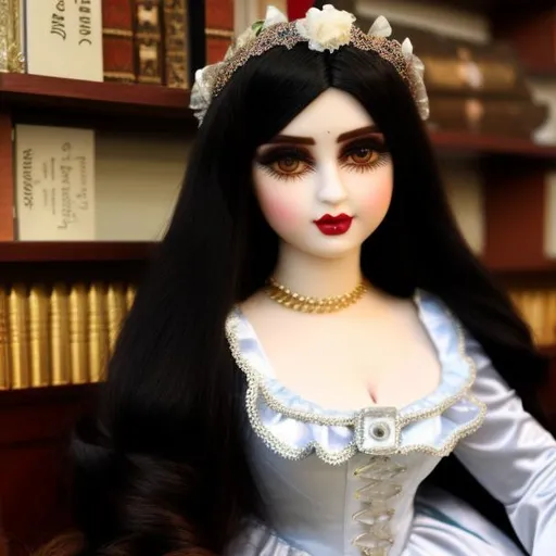 Prompt: An Iraqi woman turned into a porcelain doll wearing a victorian dress, sitting on a doll-shelf.