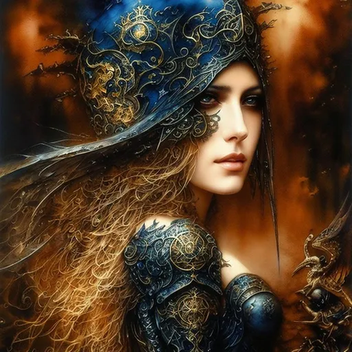 Prompt: (painting) Luis Royo fine art, dark blue ink, gold watercolor, extremely detailed, precise execution.