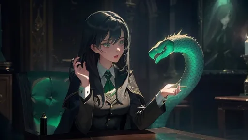 Prompt: Craft a detailed portrayal of a 16-year-old girl who embodies the essence of Tom Riddle, with a focus on how her appearance both honors her Slytherin roots and showcases her distinct personality. She wears a custom Hogwarts uniform, its design subtly infused with Slytherin characteristics—ambition, intelligence, and a touch of shadowy intrigue—that echo Tom Riddle's own nature. 

Emphasize her posture and facial expressions, which radiate a blend of unwavering confidence and an enigmatic presence, marking her as a unique yet unmistakably Riddle-esque figure. This detailed account should bring her to life as a prominent Slytherin at Hogwarts, distinguished not just by her uniform but by her very demeanor and the personal touches she adds to her appearance.

Essential to her character, include descriptions of specific traits or accessories that signal her magical talent and ambition. A key element is her serpent, elegantly coiled around her emphasizing her figure, its head poised near hers as if in conversation. This serpent, more than a mere pet, symbolizes her mastery over darker arts and her destined path to prominence and infamy. It serves as both a literal and metaphorical extension of her will, underlining her serpent-like affinity and augmenting her mysterious allure with a tangible display of power.