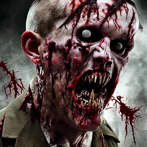 Prompt: zombie, nazi, realistic, nazi zombie, real-life, hyper-realistic, zombie hitler, undead, hitler, draugr, scabs, bruises, blood, violent, eugenics, murder, evil, angry, far-right